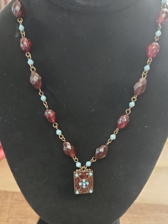 Jewelry - Vintage-Inspired Garnet Red and Turquoise Glass Bead Necklace